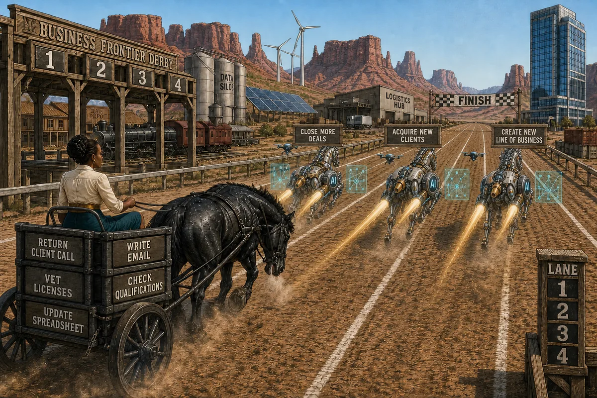 A Black woman drives a horse-drawn wagon in lane one while AI-powered competitors race ahead